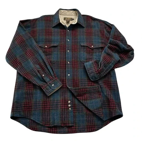 Eddie Bauer Men's XL Wool Vtg 90's Plaid Shirt Red Green Multi Outdoor - Picture 8 of 16